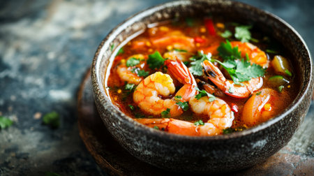 A close-up of spicy tom yum goong, with shrimp and vegetables visible in a rich broth, garnished with herbs and placed against a rustic background.の素材