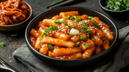 A cozy setting showcasing tteokbokki in a traditional Korean bowl, garnished with sliced green onions and sesame seeds, served with a side of kimchi for an authentic meal.の素材