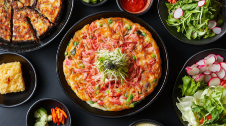 A cozy arrangement of okonomiyaki served with a side of salad, highlighting a balanced and delicious Japanese meal with fresh ingredients and vibrant colors.の素材
