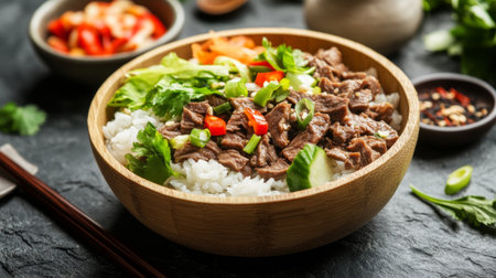 A creative presentation of beef rice served in a bamboo bowl, garnished with fresh greens and herbs, emphasizing the dish's natural and fresh ingredients.の素材