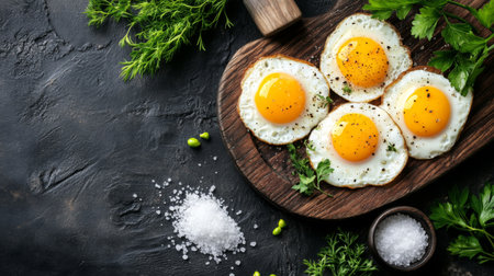A minimalist presentation of fried eggs served on a rustic wooden board, accompanied by a side of fresh herbs and a small bowl of sea salt for seasoning.の素材