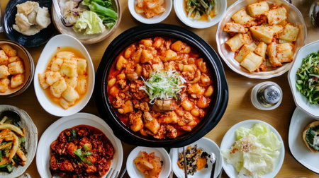A top-down view of a table set with a large bowl of tteokbokki, surrounded by various Korean side dishes, creating an inviting and appetizing atmosphere for a feast.の素材