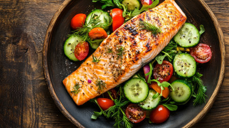 A vibrant shot of grilled salmon served alongside a refreshing cucumber and tomato salad, creating a light and healthy summer meal presentation.の素材