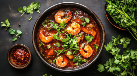 A top-down view of a steaming bowl of hot and sour shrimp soup, surrounded by fresh herbs and a small dish of chili paste for an inviting atmosphere.の素材