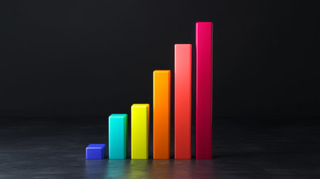 A vibrant D bar graph illustrating financial growth, with colorful bars rising at varying heights against a sleek, dark background, symbolizing success and progress.の素材