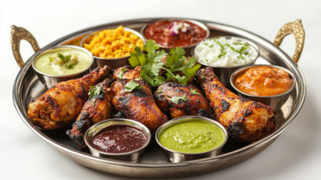A vibrant presentation of tandoori chicken served with assorted chutneys and side dishes, arranged beautifully on a traditional Indian thali for an appetizing look.の素材