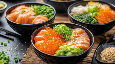 A vibrant presentation of sukiyaki served in individual bowls, garnished with green onions and sesame seeds, highlighting the delicious flavors and textures.の素材