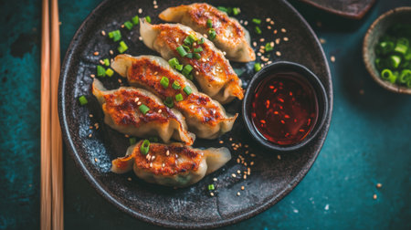 A vibrant presentation of gyoza served on a traditional Japanese dish, garnished with finely chopped green onions and served with a side of spicy dipping sauce.の素材
