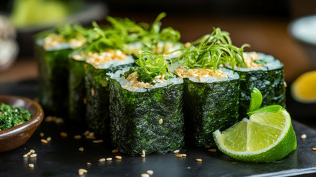 A vibrant presentation of crispy seaweed rolls arranged on a platter, garnished with slices of lime and fresh herbs, creating an appetizing and inviting look.の素材