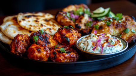 A vibrant presentation of tandoori chicken accompanied by naan bread and a side of cucumber raita, showcasing a delicious Indian meal with colorful garnishes.の素材