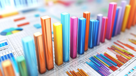 A visually striking D bar graph displaying comparative data, with layered bars in different colors, creating a sense of depth and complexity in financial analysis.の素材