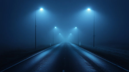 A foggy road at night, where streetlights create a dramatic glow through the mist.の素材