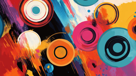 A bold and colorful abstract background with overlapping circles and dynamic splashes of color, capturing a playful and energetic visual impact.の素材