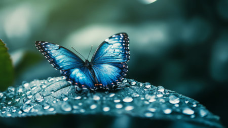 A blue butterfly resting on a leaf covered in dewdrops, illuminated by soft natural light.の素材