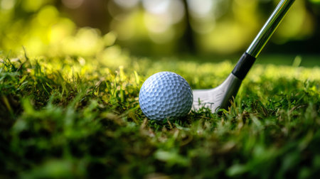 A close-up of a golf ball resting in the rough grass, with a golf club positioned nearby, illustrating the challenge of recovering from a difficult lie on the course.の素材