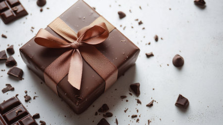 A beautifully wrapped chocolate gift box with a ribbon, placed on a clean white surface, showcasing an elegant and thoughtful gift option.の素材