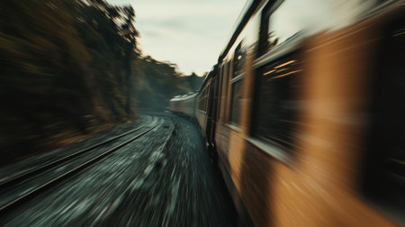 A close-up of a train speeding past on the tracks, with motion blur capturing the fast-paced movement, while the surrounding landscape remains sharp and calm.の素材
