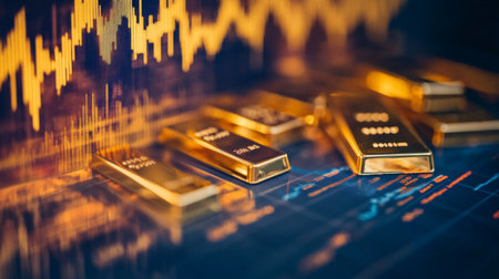 A close-up of a gold price chart displayed on a computer screen, showing fluctuating data and trends with gold bars in the background, emphasizing market analysis.の素材