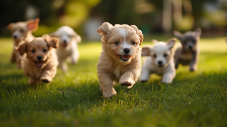 A group of energetic puppies chasing each other on a grassy field, their fur bouncing as they play.の素材