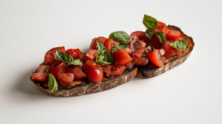 A serving of Italian bruschetta with toasted bread, diced tomatoes, garlic, and basil, arranged on a white surface for a fresh and appetizing presentation.の素材