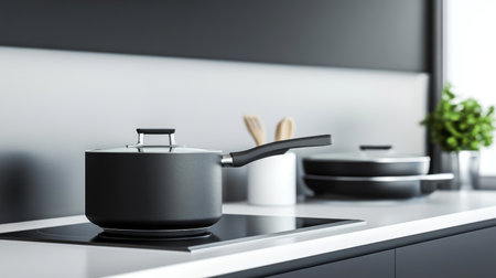 A stylish kitchen with modern cookware, including a sleek saucepan and matching frying pan, arranged neatly on a countertop with minimalistic dcor.の素材