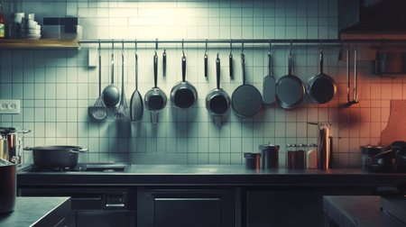 A professional kitchen scene with various pots and pans hanging from a rack, ready for use, emphasizing the organized and efficient layout of a culinary workspace.の素材