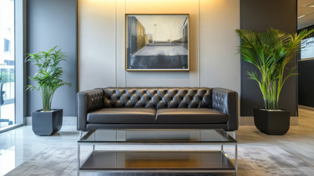 A sleek, leather sofa in a minimalist office lounge area, paired with a glass coffee table and modern decor, showcasing a professional and stylish environment.の素材