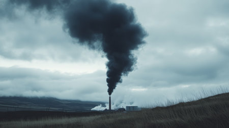 Thick black smoke billowing from a factory chimney into a cloudy sky, representing industrial pollution and environmental impact, contrasting with the surrounding landscape.の素材