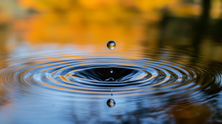 A water droplet falling into a still pond, creating gentle ripples and a perfect reflection of the sky.の素材