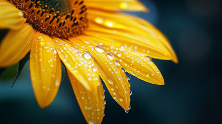 Water droplets sliding down the smooth petals of a freshly bloomed sunflower.の素材