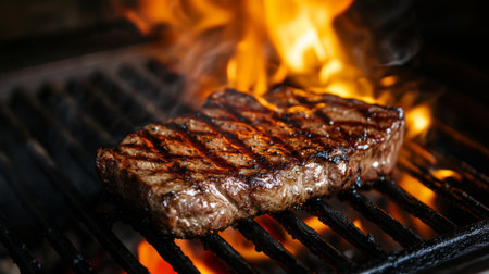 A sizzling hot steak fresh off the grill, with flames and smoke rising, highlighting the rich sear marks.の素材