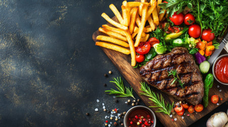 A steak served with a side of crispy fries and a fresh vegetable salad, arranged on a wooden board for a casual and appetizing presentation.の素材
