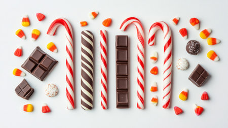 A whimsical arrangement of candy canes, chocolate bars, and candy corn, displayed on a white background, perfect for highlighting holiday or seasonal sweets.の素材