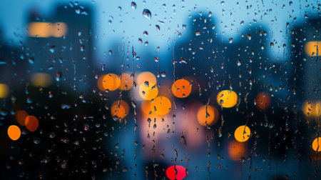 Close-up of raindrops on a glass window, with a blurred cityscape in the background.の素材
