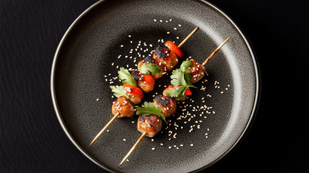 A vibrant presentation of yakitori skewers served on a ceramic plate, garnished with sesame seeds and fresh herbs, capturing the delicious colors and flavors.の素材