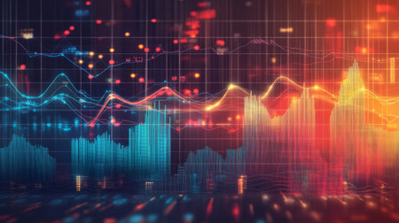 A visually striking financial graph featuring a combination of bar and line charts, illustrating comprehensive business performance data in an engaging format.の素材