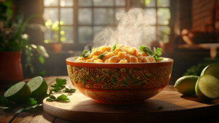 A vibrant bowl of tom yum goong with steam rising, surrounded by fresh lime and herbs on a wooden board, capturing the essence of a flavorful Thai meal.の素材