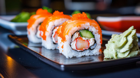 A vibrant close-up shot of a sushi roll filled with tempura shrimp and avocado, beautifully plated with a side of wasabi and ginger for a delightful presentation.の素材
