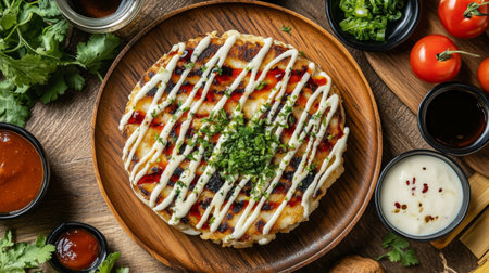A top-down view of a traditional okonomiyaki served on a wooden plate, surrounded by dipping sauces and garnished with fresh herbs for a colorful presentation.の素材