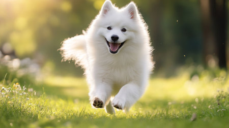 A fluffy Samoyed happily running on a sunny day, white fur glowing against the green grass.の素材