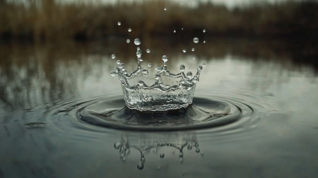Slow-motion capture of a water droplet splashing into a calm lake, forming a perfect crown shape.の素材