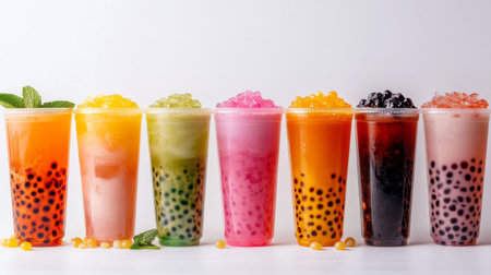 An assortment of bubble tea flavors in transparent cups, lined up against a white backdrop, showcasing different colors and textures of tapioca pearls and tea.の素材