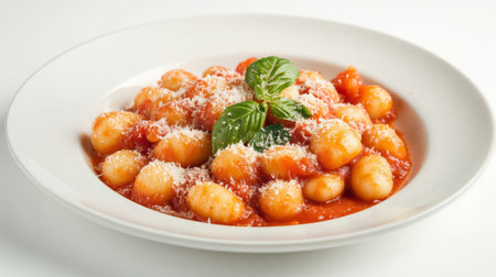 A plate of Italian gnocchi with a rich tomato sauce and a sprinkle of Parmesan cheese, set on a white background, showcasing the comforting and traditional dish.の素材