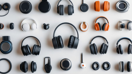 A flat lay of various types of headphones, including earbuds, over-ear, and wireless models, arranged neatly on a white background for a comprehensive display.の素材