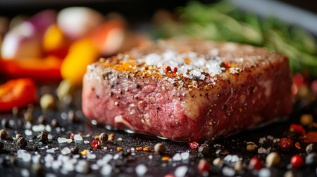 A close-up of a steak being seasoned with salt and pepper before grilling, with a background of various spices and marinades for flavor enhancement.の素材