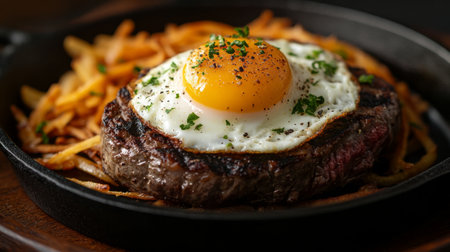 A juicy steak topped with a fried egg, served on a hot cast iron plate with crispy hash browns.の素材
