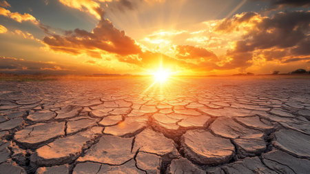 A dry, cracked earth landscape under a blazing sun, with heat waves rising from the ground, symbolizing droughts and extreme heat caused by climate change.の素材