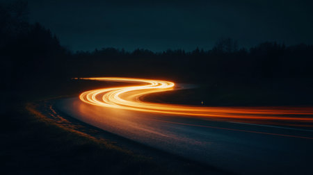 A highway overpass at night, with curving roads and long-exposure light trails from passing vehicles.の素材
