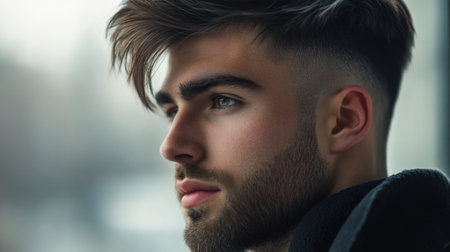 A close-up of a man with a stylish undercut hairstyle, showing the contrast between the short sides and longer top, with a modern and clean look.の素材