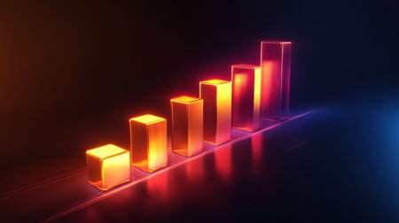 A glowing D bar chart representing business growth, set against a dark futuristic background.の素材